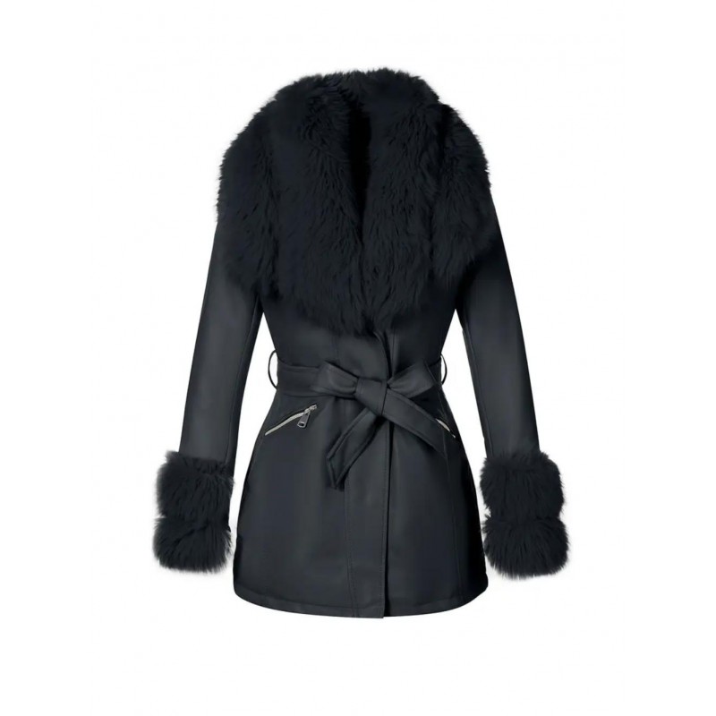 Elegant Detachable Faux Fur Collar Belted Jacket VE842129B