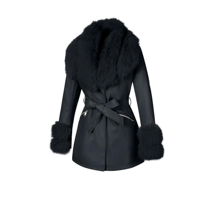Elegant Detachable Faux Fur Collar Belted Jacket V...