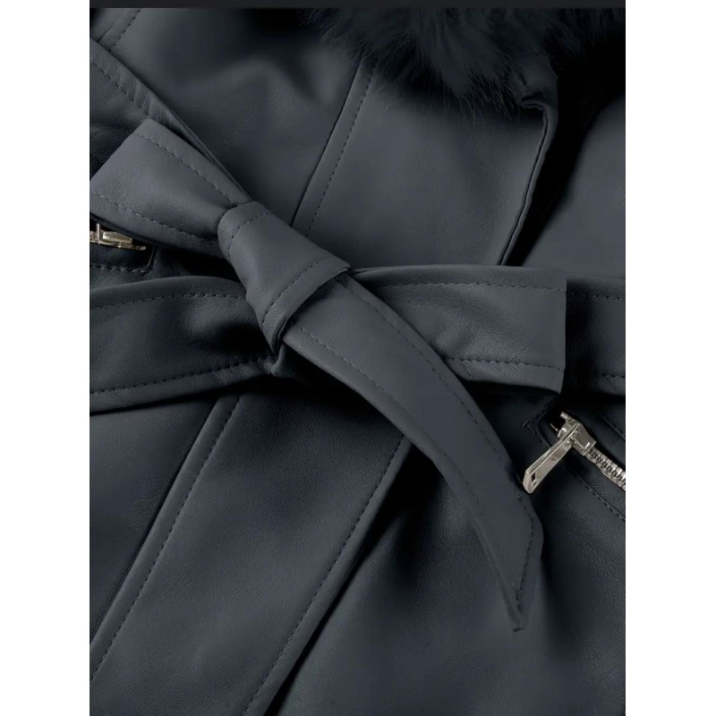 Elegant Detachable Faux Fur Collar Belted Jacket VE842129B