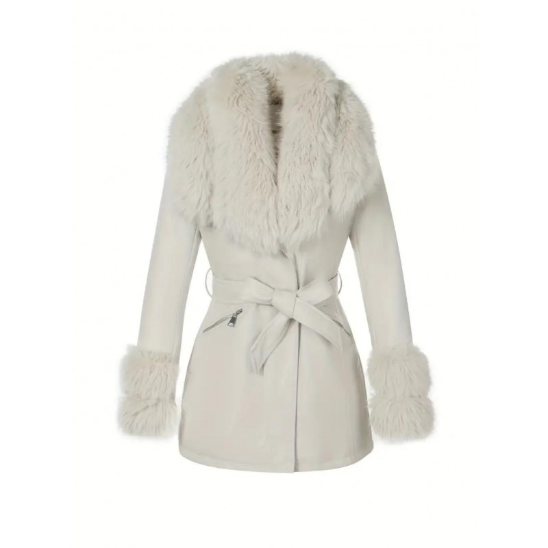 Elegant Detachable Faux Fur Collar Belted Jacket VE842129W